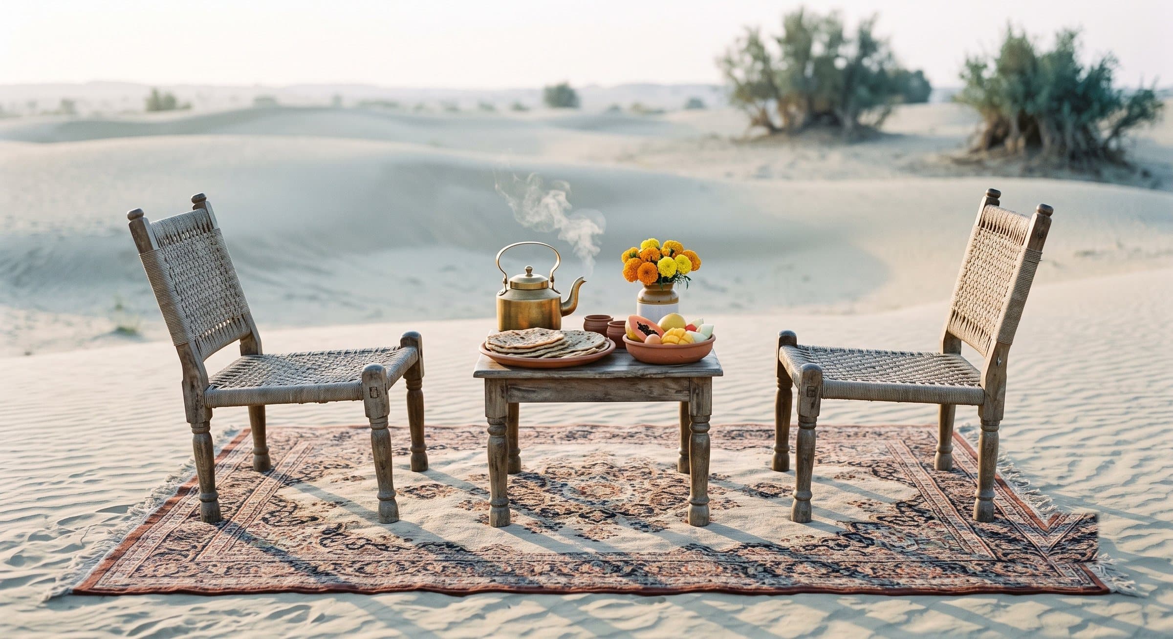 Morning breakfast table with steaming brass kettle, parathas and fruit on a dune-side rug, Explore Overnight Desert Camp Jaisalmer