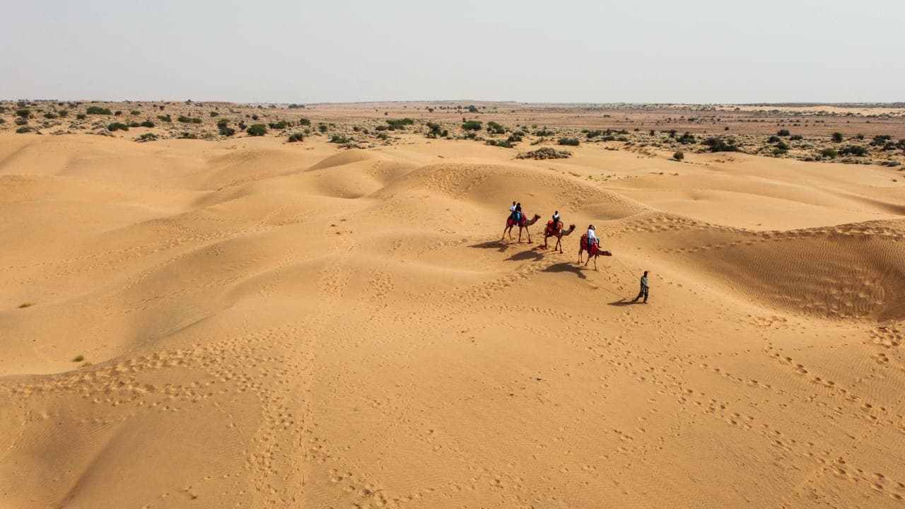 Aerial view of a camel safari crossing the Thar Desert dunes near Jaisalmer — real property activity