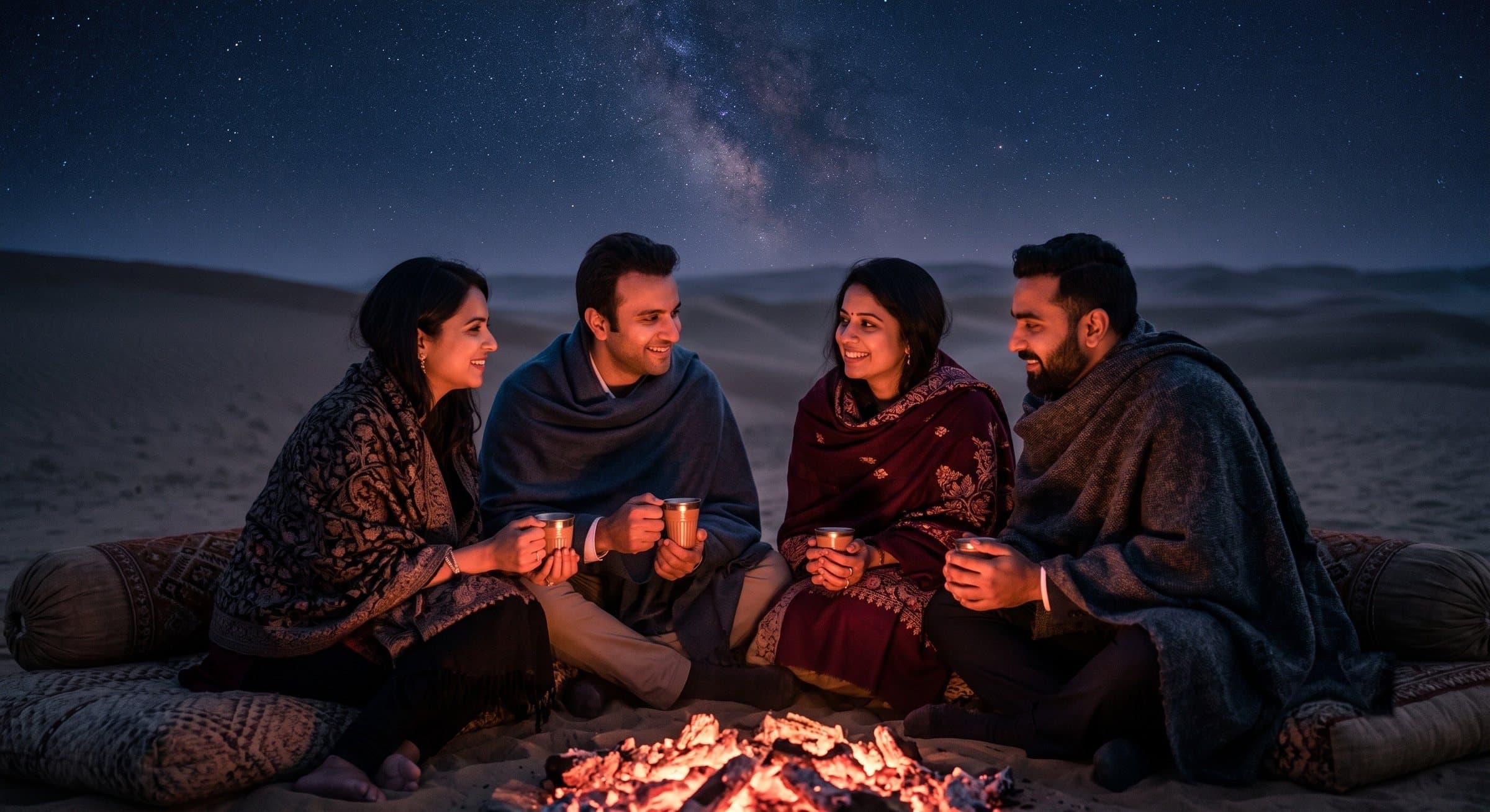 Guests in wool shawls sharing chai around glowing campfire embers under the Milky Way, Explore Overnight Desert Camp Jaisalmer