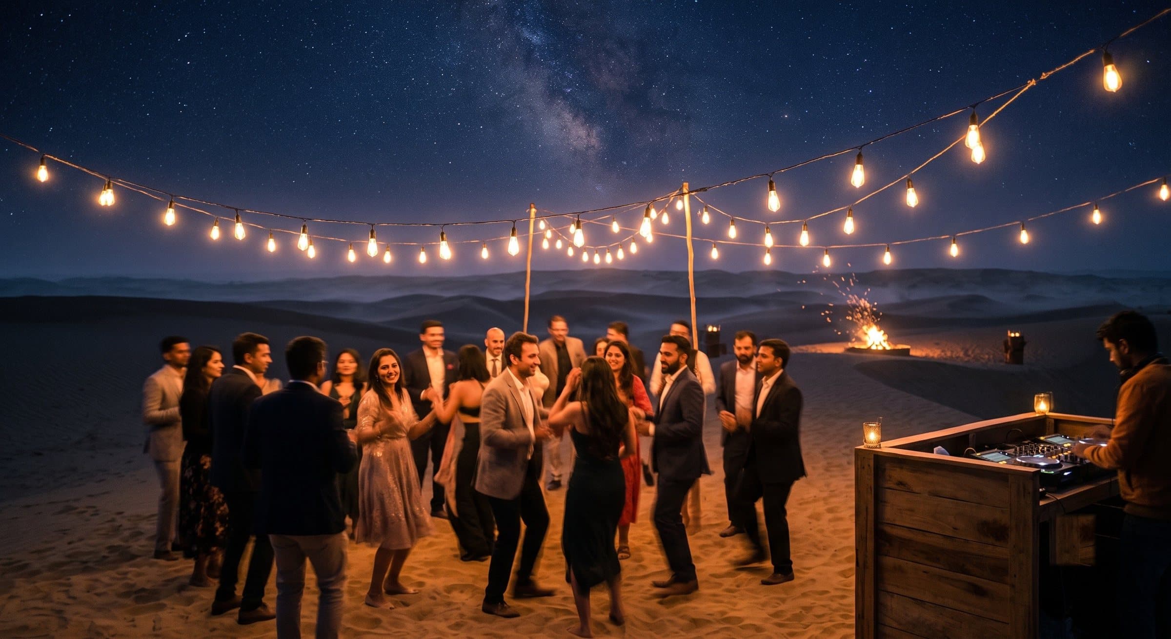 Guests dancing under festoon lights at a night DJ celebration on open sand, Explore Overnight Desert Camp Jaisalmer