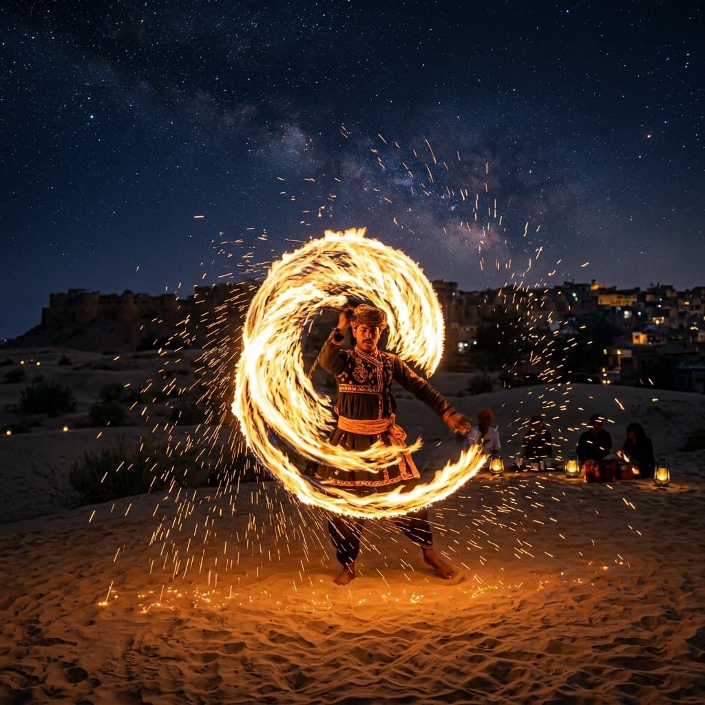 Fire show performance at Explore Overnight Desert Camp Jaisalmer