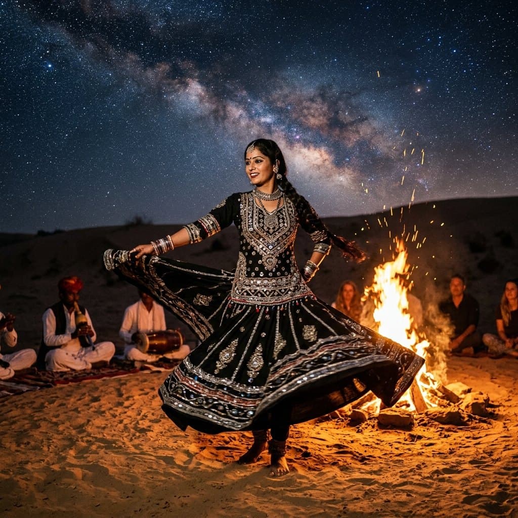 Kalbeliya dancer in embroidered black lehenga spinning beside the fire under a starry desert sky