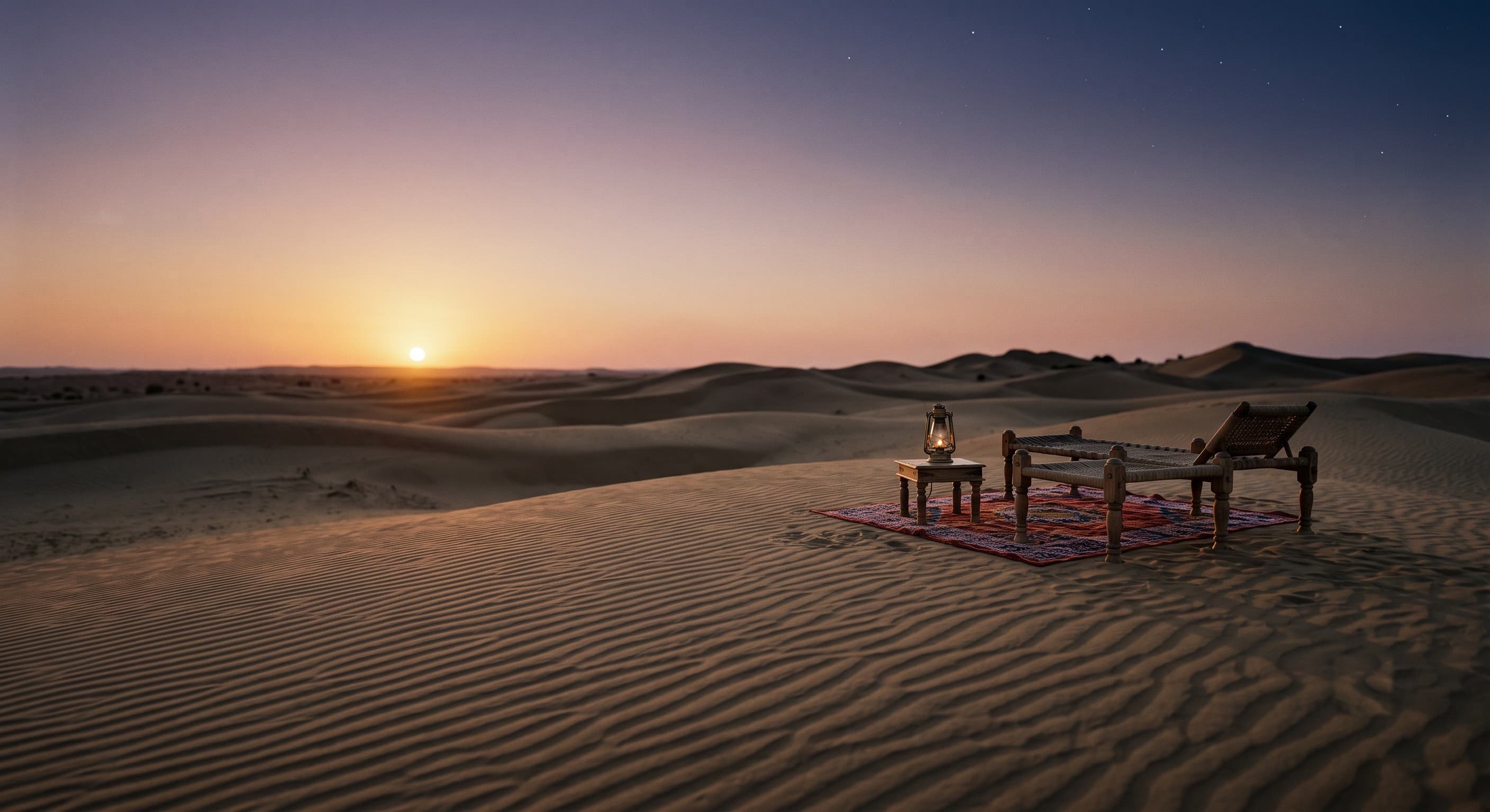 Sundowner charpai and lantern facing the setting sun on Khuri dunes, Explore Overnight Desert Camp Jaisalmer