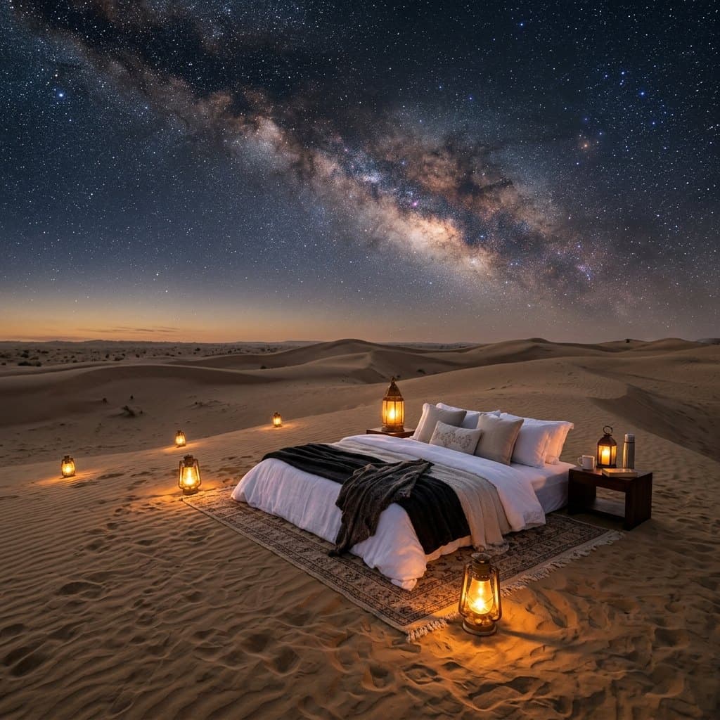A luxury private desert sleep setup in the Thar Desert under a breathtaking starry night sky